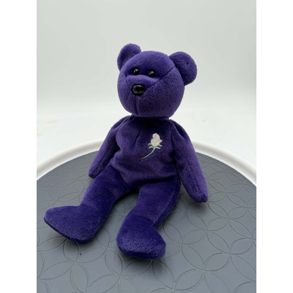 Ty Beanie Baby Princess Diana Purple Bear 1997 White Rose No Hang Tag 9"